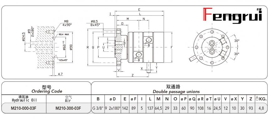 FRDTM210型兩通路旋轉(zhuǎn)接頭圖紙及規(guī)格型號尺寸